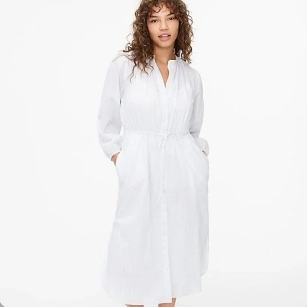 J. Crew Tie Waist Cotton Voile Deck Blue Stripe Long Sleeve Midi Dress 6